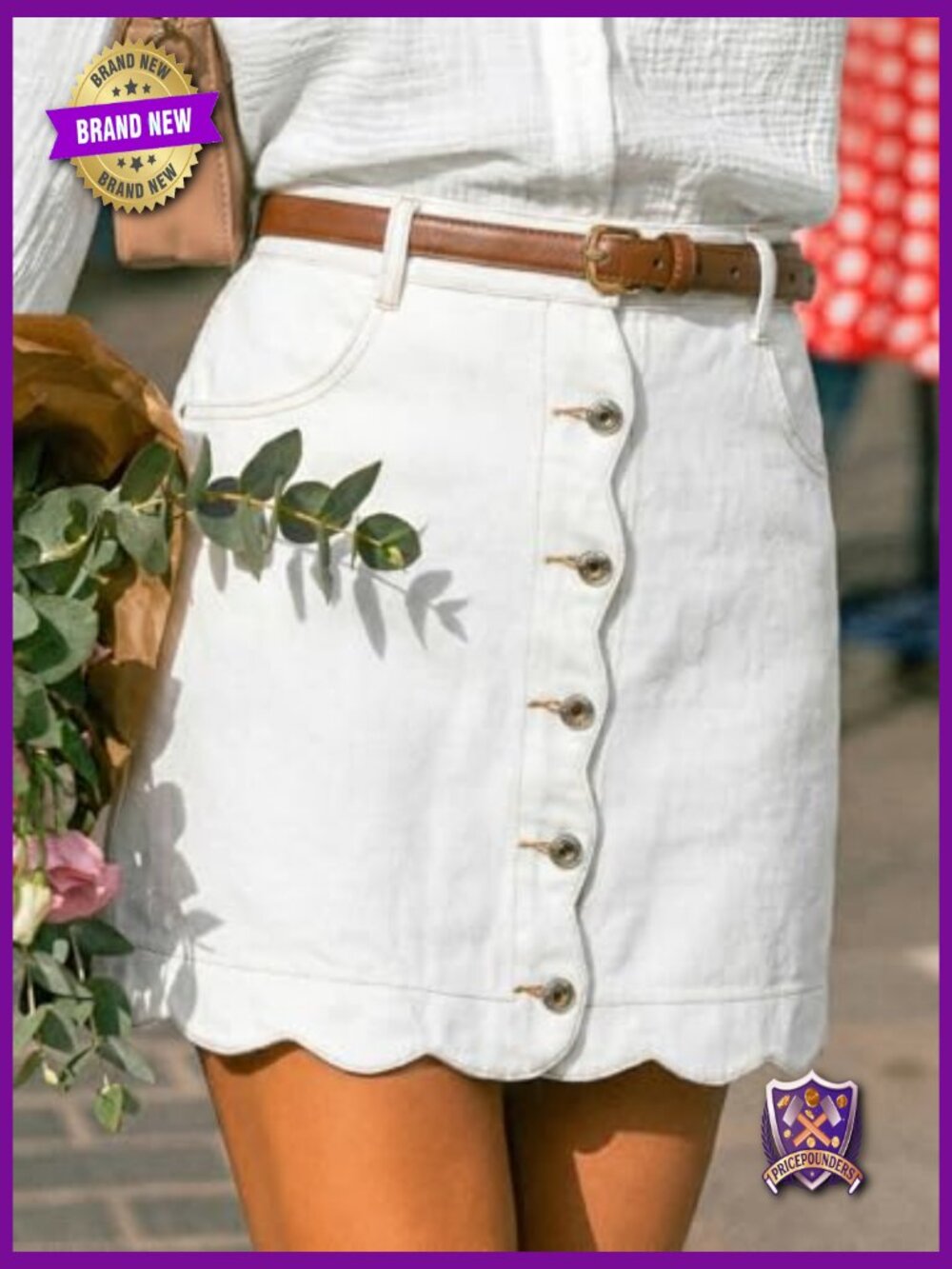 High Waist A-Line Denim Mini Skirt Button Front Scalloped Hem - Picture 2 of 7